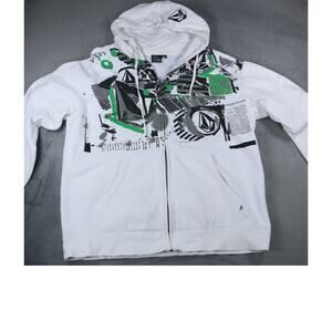 Volcom Full Zip Graphic Allover Print Skate Streetwear Hoodie Mens White 2XL
